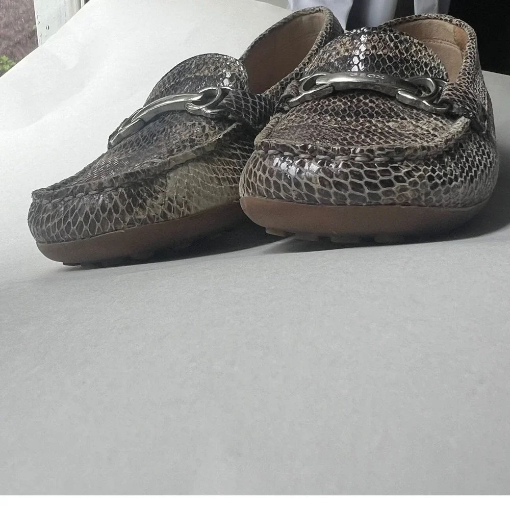 Geox Respira Womens Snakeskin Embossed Leather Horsebit Loafers‎ Brown Grey 37